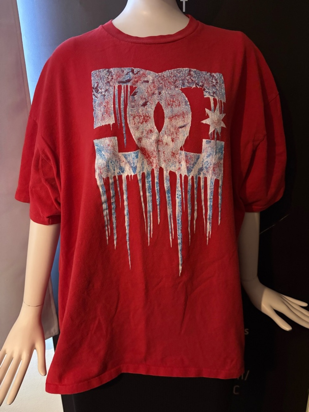 DC Red Short-Sleeve Tee with Distressed White & Blue Logo